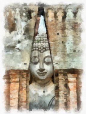 Tayland suluboya tarzının antik mimarisi empresyonist resim.