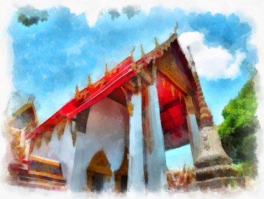 Tayland suluboya tarzının antik mimarisi empresyonist resim.