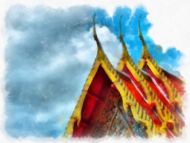 Tayland suluboya tarzının antik mimarisi empresyonist resim.