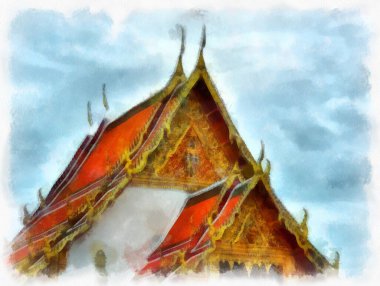 Tayland suluboya tarzının antik mimarisi empresyonist resim.