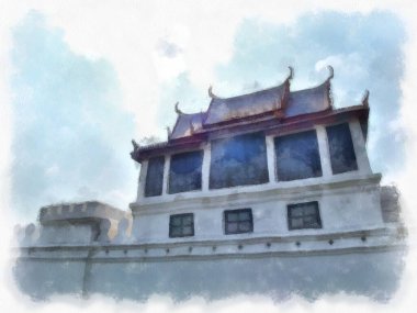 Tayland suluboya tarzının antik mimarisi empresyonist resim.