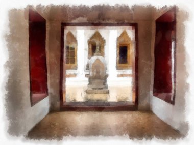 Tayland suluboya tarzının antik mimarisi empresyonist resim.