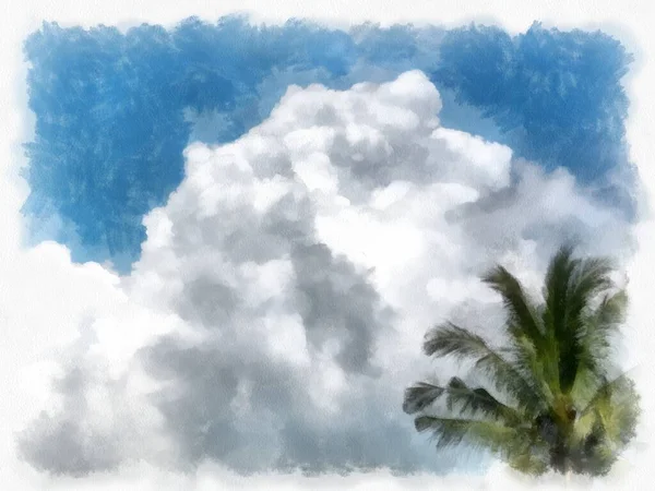 Cubo Nubes Cocoteros Acuarela Estilo Ilustración Pintura Impresionista —  Fotos de Stock