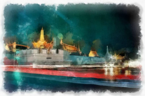 Bangkok Grand Palace Acquerello Stile Illustrazione Impressionista Pittura — Foto Stock