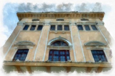 Eski Avrupa mimarisi suluboya resim çizimi.