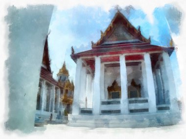 Tayland suluboya tarzının antik mimarisi empresyonist resim.