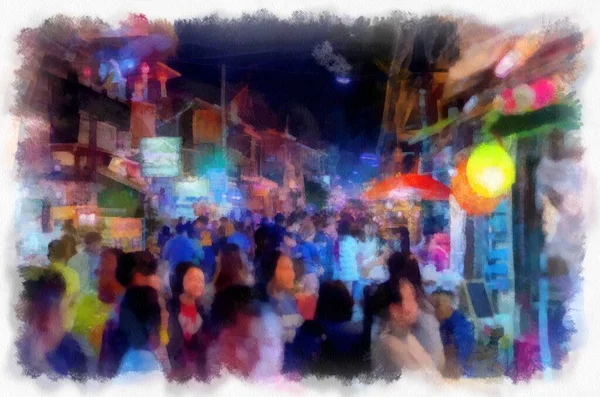 泰国夜市水彩画 印象派绘画 — 图库照片