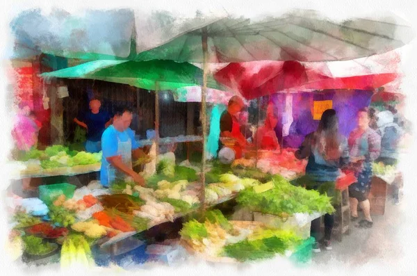 Mercado Tailândia Aquarela Estilo Ilustração Impressionista Pintura — Fotografia de Stock