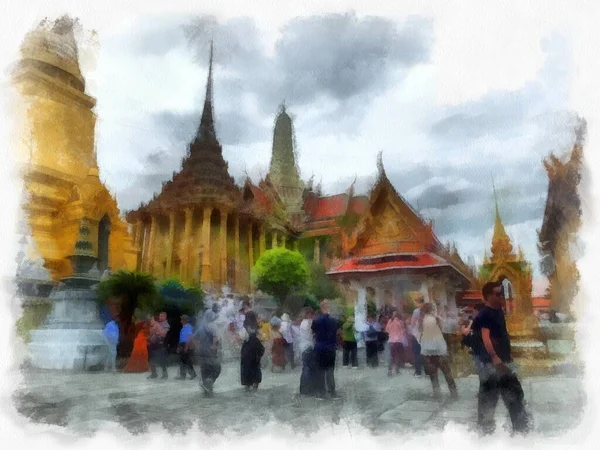 Bangkok Grand Palace Akvarell Stílusú Illusztráció Impresszionista Festmény — Stock Fotó