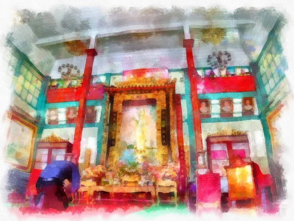 Eski Çin tapınağı suluboya stili illüstrasyon ressamı.
