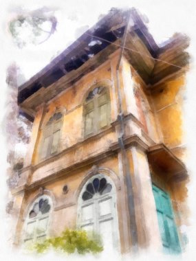 Eski Avrupa mimarisi suluboya resim çizimi.