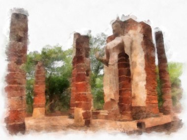 Tayland suluboya tarzının antik mimarisi empresyonist resim.