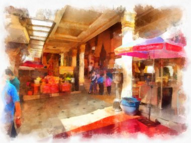 Alışveriş merkezinin içinde suluboya stili çizim empresyonisti.