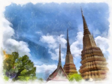 Tayland suluboya tarzının antik mimarisi empresyonist resim.