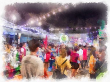 Tayland 'da gece pazarı suluboya resim çizimi.