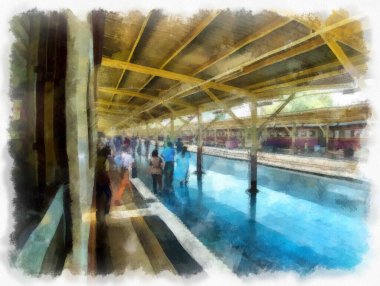 Tren istasyonu suluboya stili illüstrasyon ressamı.