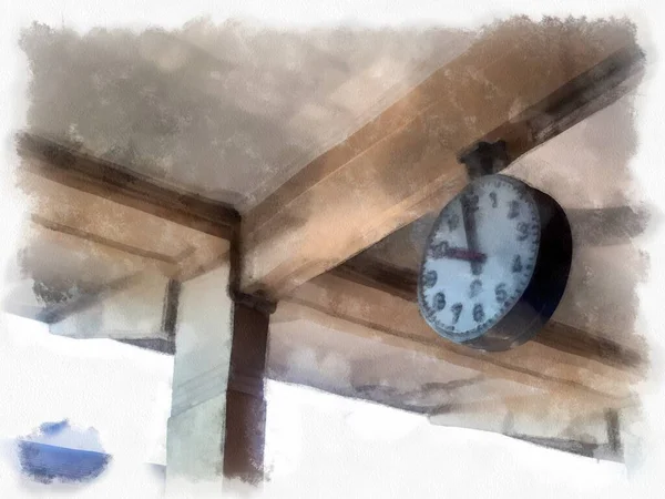 火车站的大钟水彩画风格印象派绘画 — 图库照片