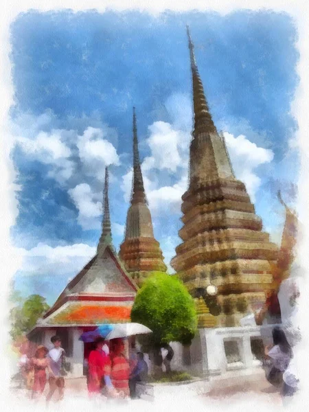 Architecture Ancienne Thaïlande Aquarelle Style Illustration Peinture Impressionniste — Photo