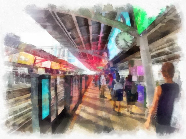 駅風景水彩風イラスト印象派絵画 — ストック写真