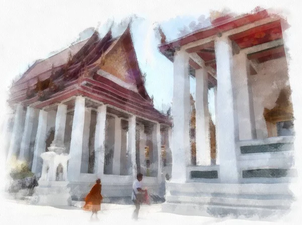 Oude Architectuur Van Thailand Aquarel Stijl Illustratie Impressionistische Schilderij — Stockfoto