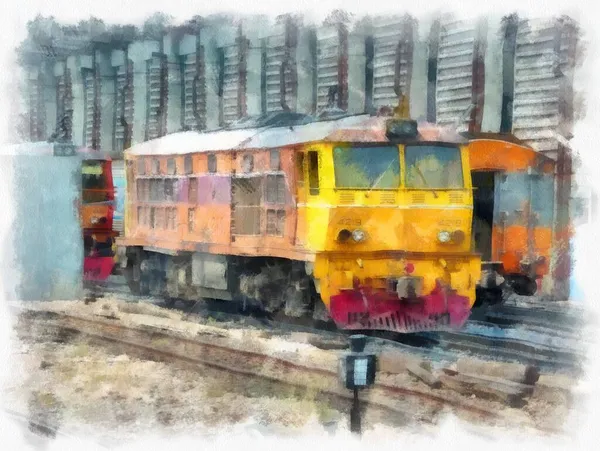 Treno Locomotiva Acquerello Stile Illustrazione Impressionista Pittura — Foto Stock