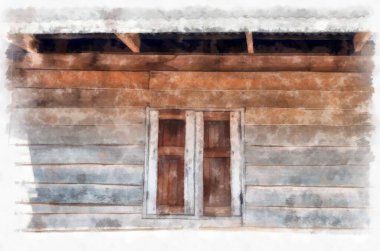 Antik ahşap ev suluboya resim çizimi.