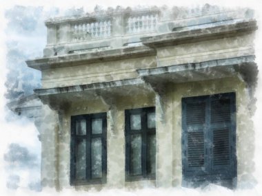 Eski Avrupa mimarisi suluboya resim çizimi.