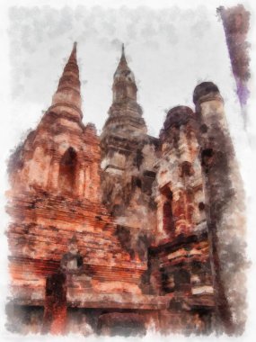 Tayland suluboya tarzının antik mimarisi empresyonist resim.