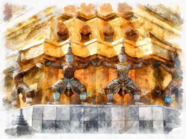 Tayland suluboya tarzının antik mimarisi empresyonist resim.