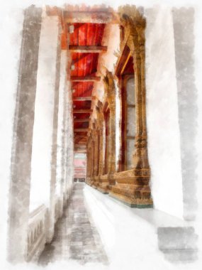 Tayland suluboya tarzının antik mimarisi empresyonist resim.