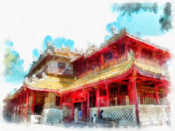 Krajina Starověké Čínské Architektury Akvarel Styl Ilustrace Impresionista Malba — Stock fotografie