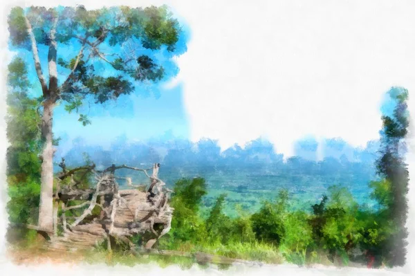 山の風景水彩風イラスト印象派絵画 — ストック写真