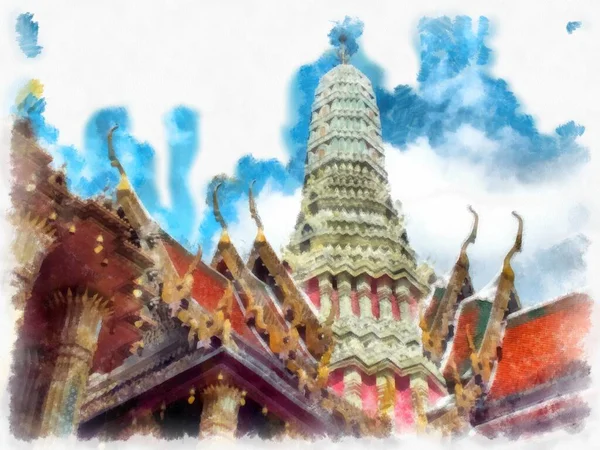 Antica Architettura Della Thailandia Acquerello Stile Illustrazione Impressionista Pittura — Foto Stock