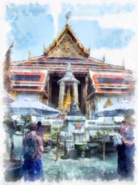 Tayland suluboya tarzının antik mimarisi empresyonist resim.