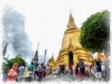 Tayland suluboya tarzının antik mimarisi empresyonist resim.