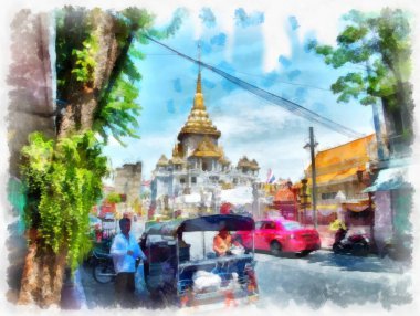 Tayland suluboya tarzının antik mimarisi empresyonist resim.