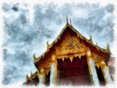 Tayland suluboya tarzının antik mimarisi empresyonist resim.