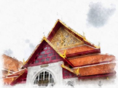 Tayland suluboya tarzının antik mimarisi empresyonist resim.