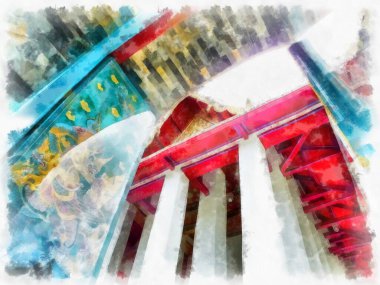 Tayland suluboya tarzının antik mimarisi empresyonist resim.