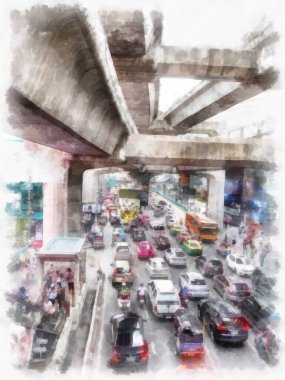 Şehirdeki binaların manzarası suluboya stili illüstrasyon ressamı.