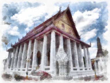 Tayland suluboya tarzının antik mimarisi empresyonist resim.