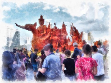 Tayland suluboya tarzının antik mimarisi empresyonist resim.