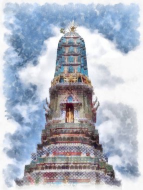 Tayland suluboya tarzının antik mimarisi empresyonist resim.