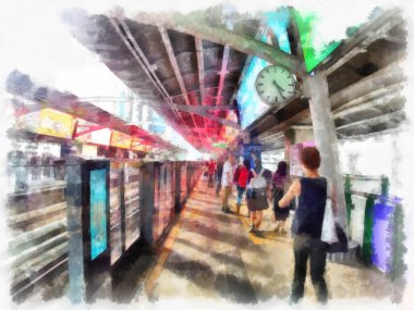 Tren istasyonu suluboya stili illüstrasyon ressamı.