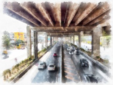 Gökyüzü otoyolu ve yol manzarası suluboya stili illüstrasyon ressamı