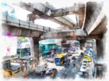 Gökyüzü otoyolu ve yol manzarası suluboya stili illüstrasyon ressamı