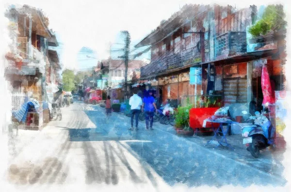 Αγορά Στην Ταϊλάνδη Ακουαρέλα Στυλ Εικονογράφηση Ιμπρεσιονιστής Ζωγραφική — Φωτογραφία Αρχείου