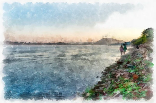 Ландшафт Акварелі Річки Меконг Тайський Стиль Ілюстрацій Імпресіоністів — стокове фото