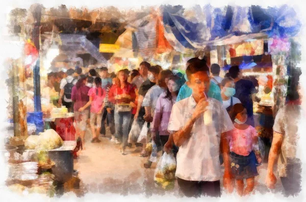 Mercado Nocturno Tailandia Acuarela Estilo Ilustración Pintura Impresionista —  Fotos de Stock