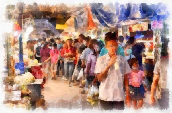 Marché Nuit Thaïlande Aquarelle Style Illustration Peinture Impressionniste — Photo